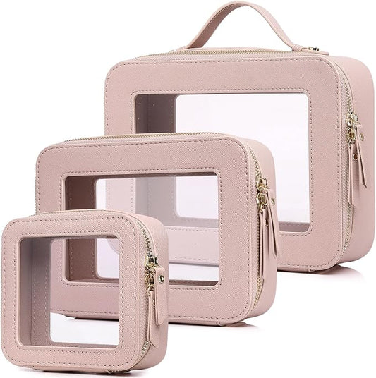 Pinkmik Clear Makeup Bag Waterproof Travel Case for Cosmetics and Toiletries Women's Purse Organizer and Clear Car Bag with Zipper (Pink, L+M+MINI) by Pinkmik