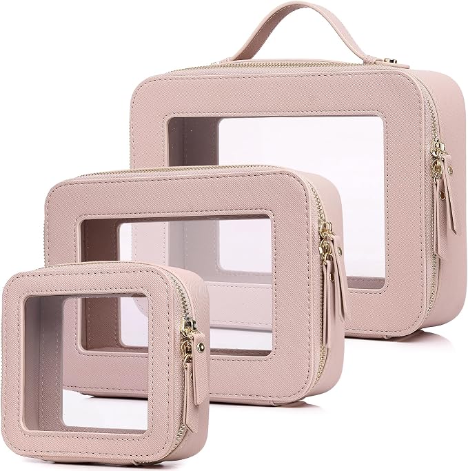 Clear Makeup Bag Set 3 Piece Travel Case for Cosmetics and Toiletries Women's Makeup Organizer and Car Essential with Zipper (Pink, L+M+MINI) by LOFOWN