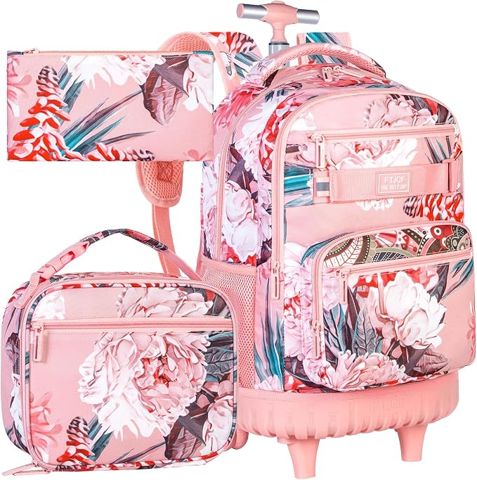 3Pcs Rolling Backpack for Girls Women, 19 Inche Adults Roller Bag with Wheels, Flower Wheeled Bookbag with Lunch Box(Pink) by FTJCF