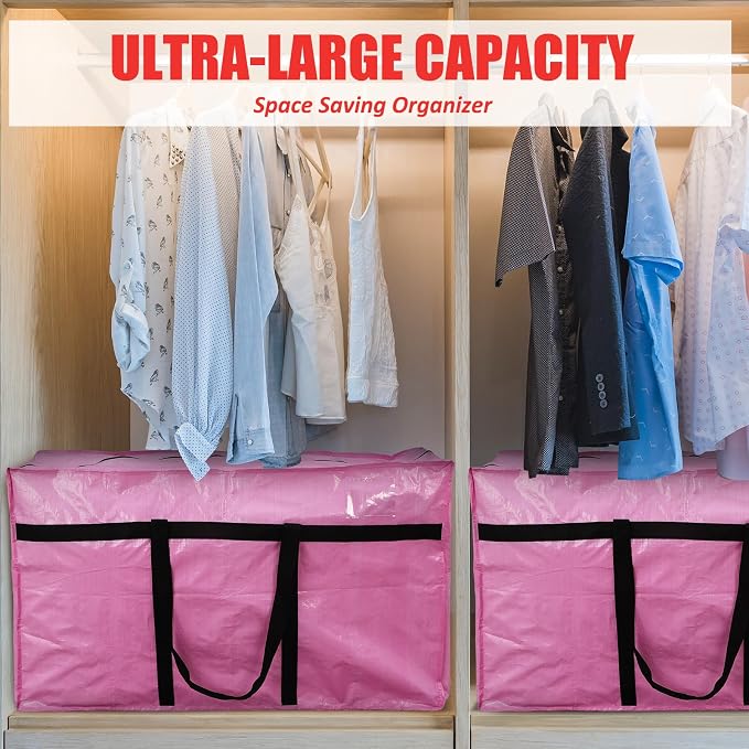 Windyun 4 Pack 57 Gallon Extra Large Moving Bags XXL Heavy Duty Storage Bag with Strong Zipper Handle Jumbo Big Tote Box Foldable for College Dorm Travel Clothes Duffle Blanket Pillow(Pink) - Image 6