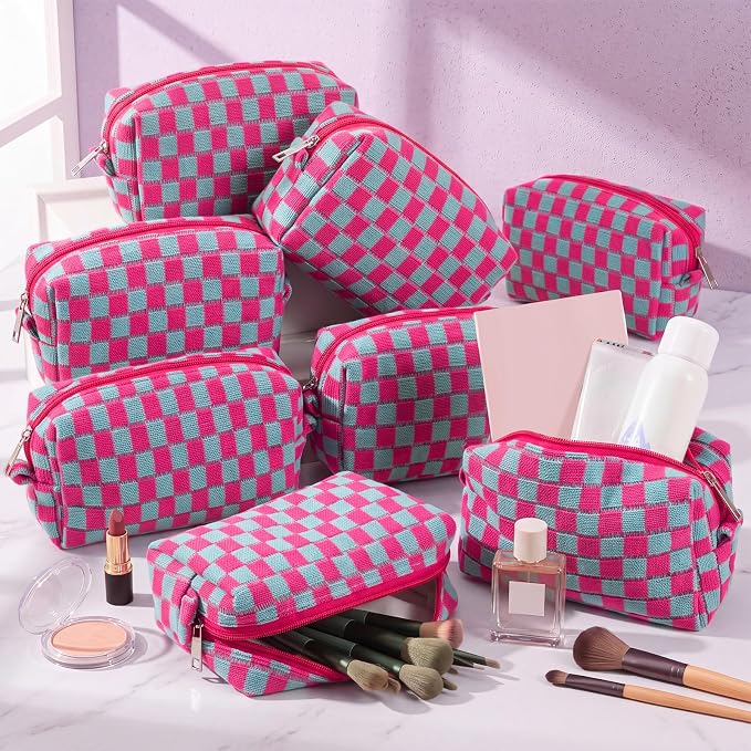 Gilprop 8 Pcs Checkered Makeup Bag for Purse Small Cosmetic Pouch Bulk Portable Zipper Makeup Pouch Travel Toiletry Organizer Gifts for Women Bridesmaid Wedding Party Favors (Pink Blue) - Image 4