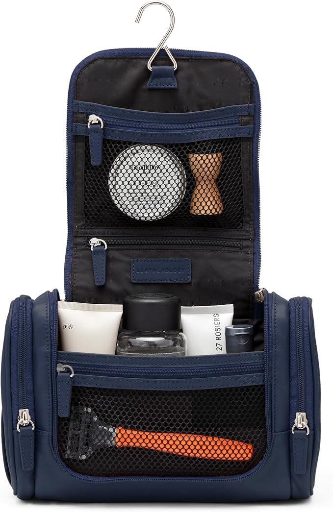 Leatherology Navy Blue Small Hanging Toiletry Kit – Compact Leather Travel Organizer with Interior Zip Pockets, Mesh Pouches & Hanger | Full-Grain Leather Toiletry Bag for Men & Women - Image 2