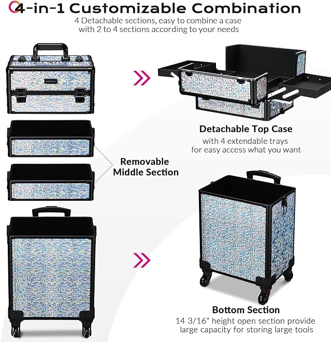 BYOOTIQUE Rolling Makeup Case 4in1 Cosmetology case on wheels Makeup Artist | Aluminum Rolling Makeup Suitcase 360° Detachable Wheel Lockable 54Lb Large Capacity Organizer Nail Tech Mermaid Silver - Image 3