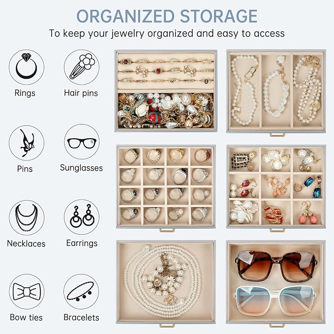 AKOZLIN 6-Tier Jewelry Box Organizer Functional 5 Drawers Leather Jewelry Storage Case for Women Girls Ring Necklace Earring Bracelet Holder Organizer with Mirror Medium Grey - Image 3