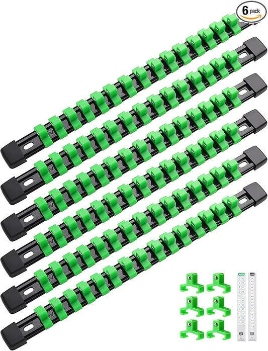ALOANES 6PC ABS Socket Organizer, Socket Rails Fit 3/8 inch Drive | Portable Heavy Duty Socket Holders Hold up 90 Sockets for Mechanics Toolbox Drawer Bags(Green) by Aloanes
