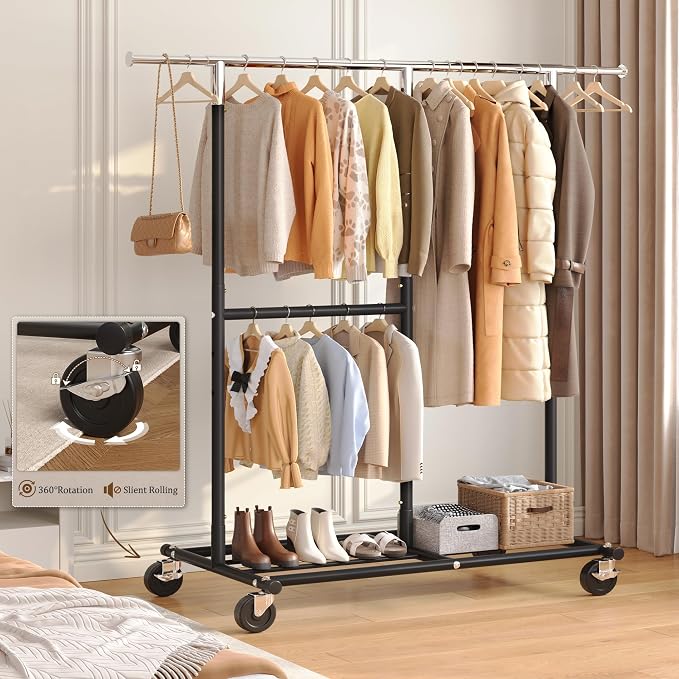 Raybee 72" H Rolling Clothes Rack, 450 LBS Clothing Rack with Sturdy Wheels, Double Rod Metal Garment Rack for Bedroom, Laundry Room, Halway, Commercial, Black - Image 2