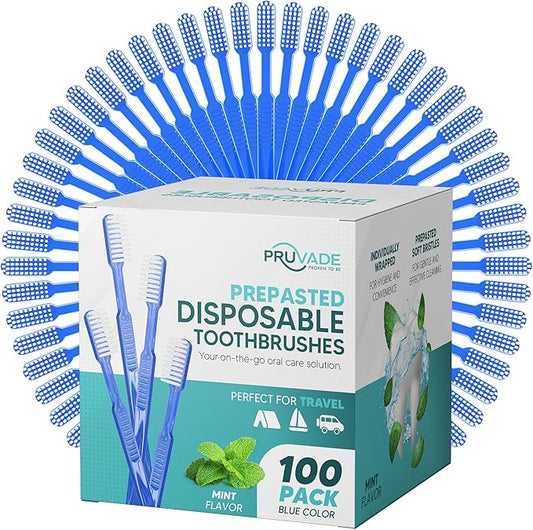 100 Pack Disposable Toothbrushes with Toothpaste Built In | Mint Prepasted Toothbrushes Individually Wrapped - Blue Single Use Waterless Toothbrush with Soft Bristles for Work, Camping, Travel