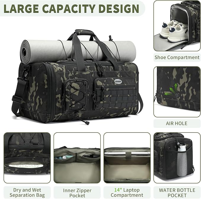 Bosstin Gym Bag for Men & Women,45L Travel Duffle Sports Duffel Bag Gym Weekender Overnight Backpack with Shoe Compartment (GREEN CAMOUFLAGE) - Image 3