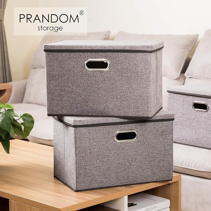 PRANDOM Large Collapsible Storage Bins with Lids [3-Pack] Linen/Cotton Blend Foldable Storage Boxes Organizer Containers Baskets Cube with Cover for Home Bedroom Closet Office Nursery(17.7x11.8x11.8) - Image 2