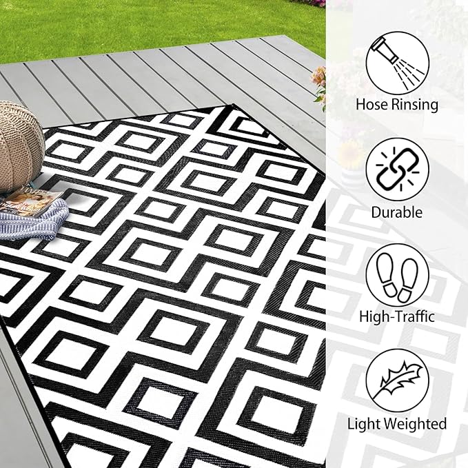 DiiKoo Outdoor Rug Mat for Patio, 6x9ft Waterproof Reversible Plastic Straw Rugs, Camping Carpet Area Mats for RV, Porch, Deck, Backyard, Balcony, Camper, Trailer, Black & White - Image 6