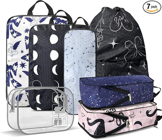 Boho Compression Packing Cubes Set (7 Piece) - Sun Moon Stars | Ultra-Lightweight, Celestial Pattern Travel Organizer Bags, Essential for Clothes, Shoes, Cosmetics & Toiletries, Dark by Unknown