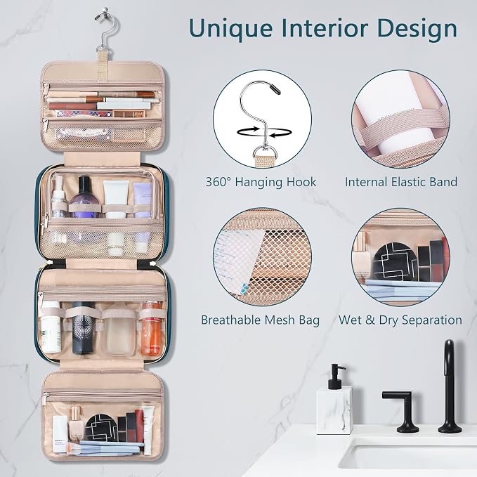 Wedama Toiletry Bag for Women, Hanging Travel Toiletry Bag with Jewelry Organizer Compartment Large Makeup Bag, PVC Waterproof Cosmetic Travel Bag for Travel Business Trips Camping Bathroom, Blue - Image 5