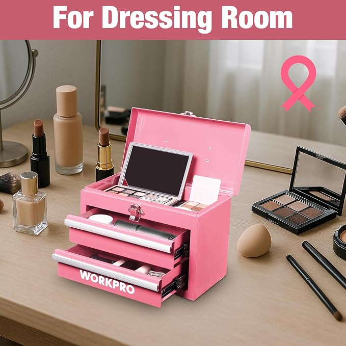 WORKPRO Portable Mini Metal Tool Box with 2 Drawers | Metal Tool Chest, Ball Bearing Slides, Top Storage, Latch Handle, PVC Drawer Liners, PP Feet Pads - Image 8