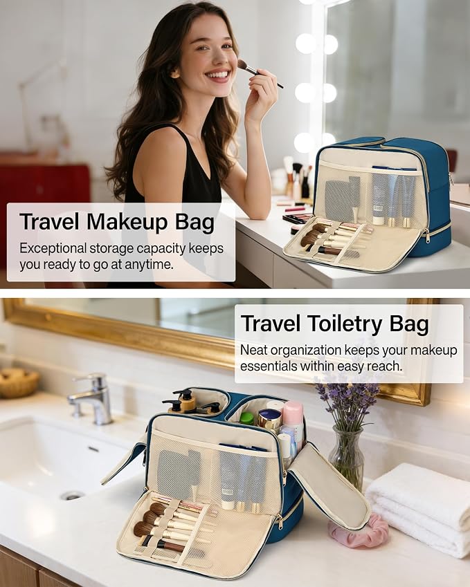 Hanke Travel Toiletry Bag, Lightweight Wide-open Large Toiletry Bags for Women, Dual-Layer Makeup Bag Water-Resistant Cosmetic Travel Bag with Handle for Accessories, Essentials, Navy Blue - Image 9