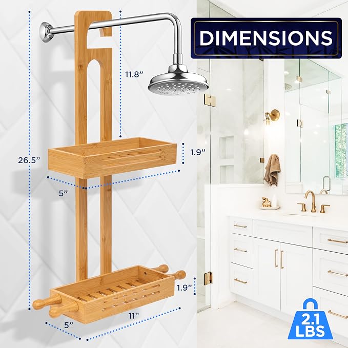 SereneLife Bamboo Hanging Shower Caddy with 2 Tiers, Anti-Slip Design for Bathroom Essentials, Self-Draining Shelves for Easy Organization - Image 2
