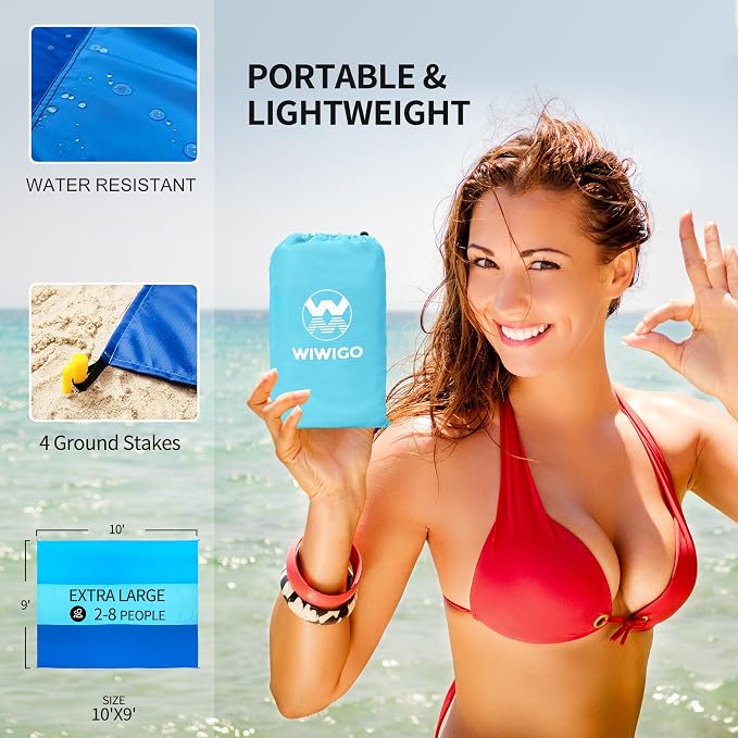 WIWIGO Beach Blanket Sandproof Extra Large Beach Mat Adults Waterproof Quick Drying Sand Free Mat Made By Premium Polyester with 4 Stakes & 4 Corner Pockets for Outdoor Travel Camping Hiking - Image 5