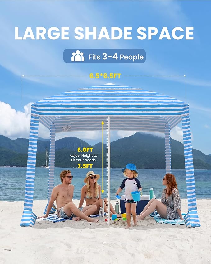 Qipi Beach Cabanas for Sand, Beach Canopy with Sandbags & Side Wall for Family, Easy Set Up Sun Shelter, UPF 50+ UV Protection with Roof Vent - Image 3