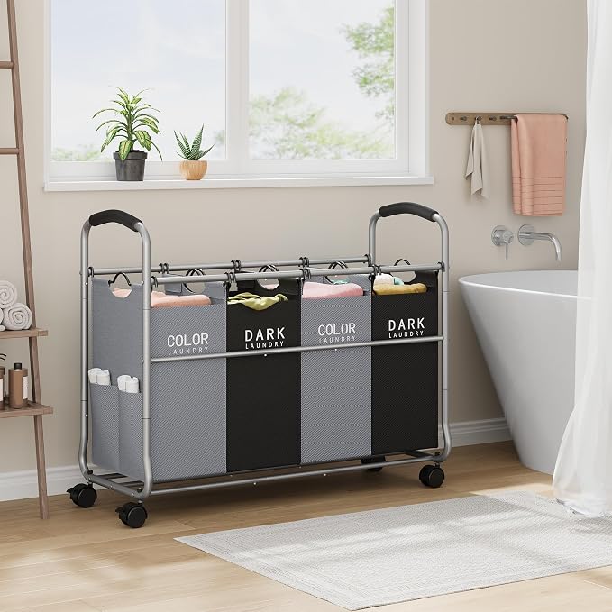 Tajsoon Laundry Sorter 4 Sections, Laundry Separator Hamper with Heavy Duty Lockable Rolling Wheels, Laundry Divider with Removable Bags for Dirty Clothes Storage, Black & Grey - Image 6