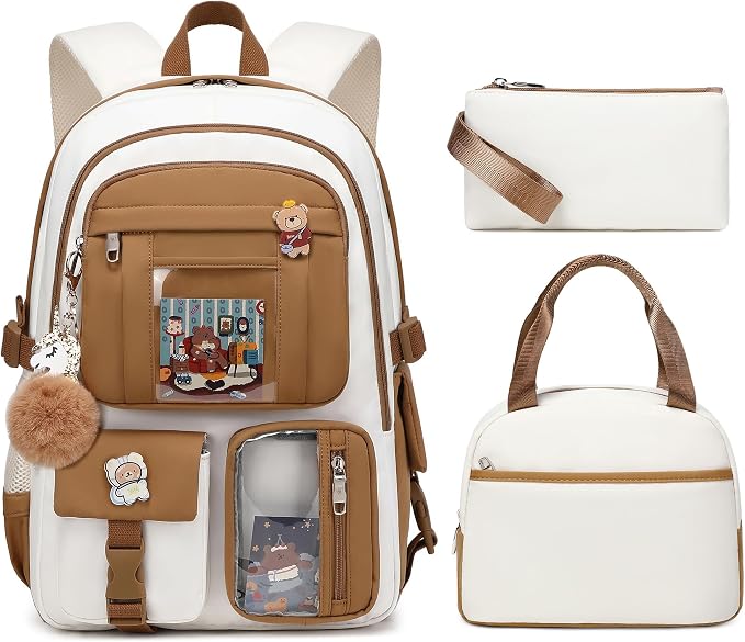 LXYGD Laptop Backpacks 16 Inch School Bag College Backpack 3 PCS with Lunch Box Pencil Pouch Set Large Travel Daypack Kawaii Bookbags for Teens Girls Women Students (Beige Khaki) by LXYGD