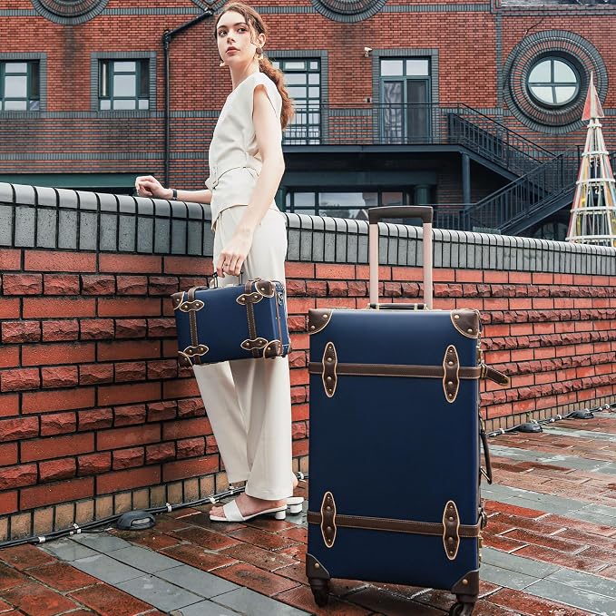 urecity 26" Vintage Luggage Set, 2 Piece Navy Blue Retro Checked Suitcase with Cosmetic Case, Luxury Vegan Leather Aluminum Frame Spinner Trunk for Women (with Protective Clear Cover) - Image 2