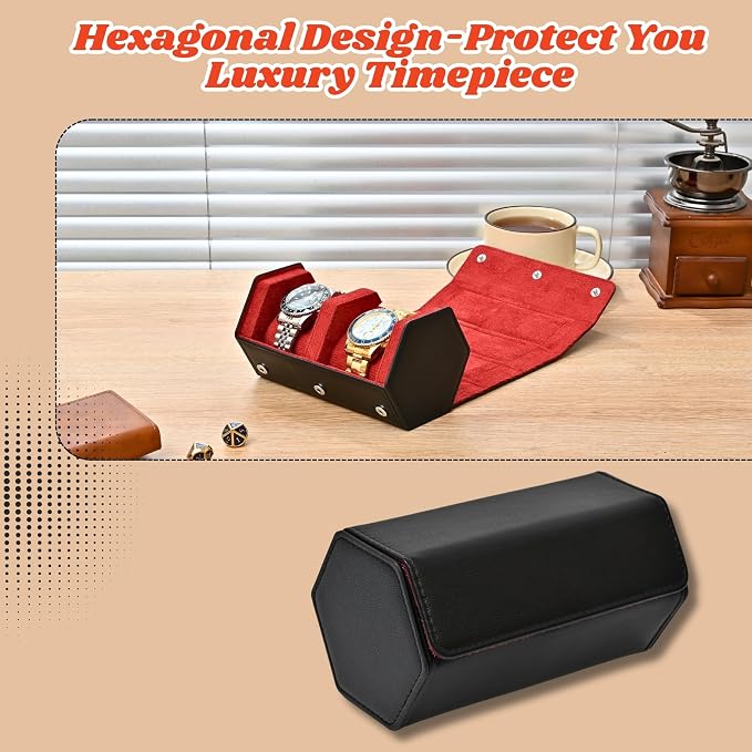 Luxury Hexagonal Leather Travel Watch Roll for 2 Watches, Black Red | Multiple Watch Capacity,Premium Hexagon Leather,Velvet M-Shaped Cushions,Secure Snap Closure,Storage Organizer - Image 4
