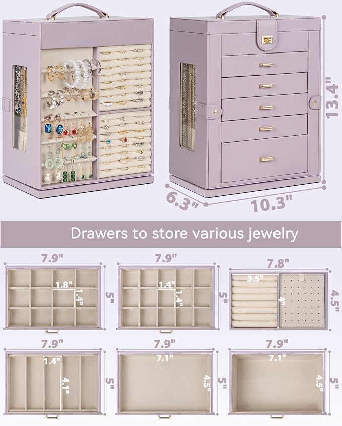 AKOZLIN 6-Tier Jewelry Box Organizer Functional 5 Drawers Leather Jewelry Storage Case for Women Girls Ring Necklace Earring Bracelet Holder Organizer with Mirror XL Purple 360° Rotating - Image 3
