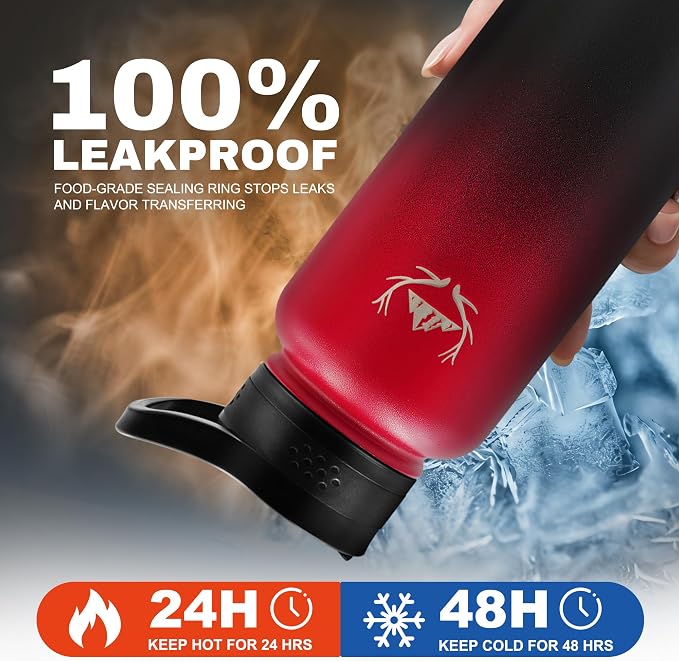 NATURE PIONEOR 32 oz Insulated Water Bottle with Carrier Bag & 3 Lids | 18/8 Food-grade Stainless Steel, Double Vacuum Insulation, 3 Leak-proof Lids, Strap, Camping, Hiking, Gym, Work - Image 3