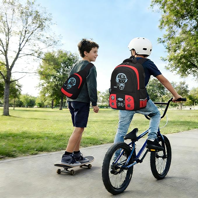 Bevalsa Backpack for School Boys, Cool Luminous Gamer Boys Schoolbag with Sling Bag,Lunch Box & Pencil Case for Kids Children Teens Elementary Middle School(Red Backpack with Shoulder Bag) - Image 8