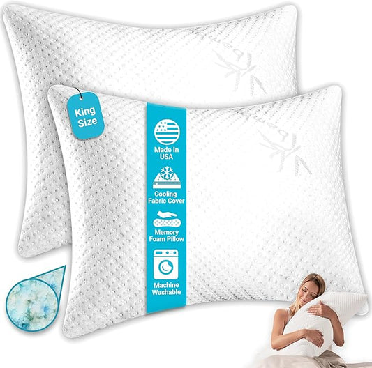 Xtreme Comforts 2-Pack Memory Foam Pillows Made in The USA - King Size, Slim Cooling Pillow for Sleeping on Side, Back & Stomach - Firm and Soft Bed Pillows