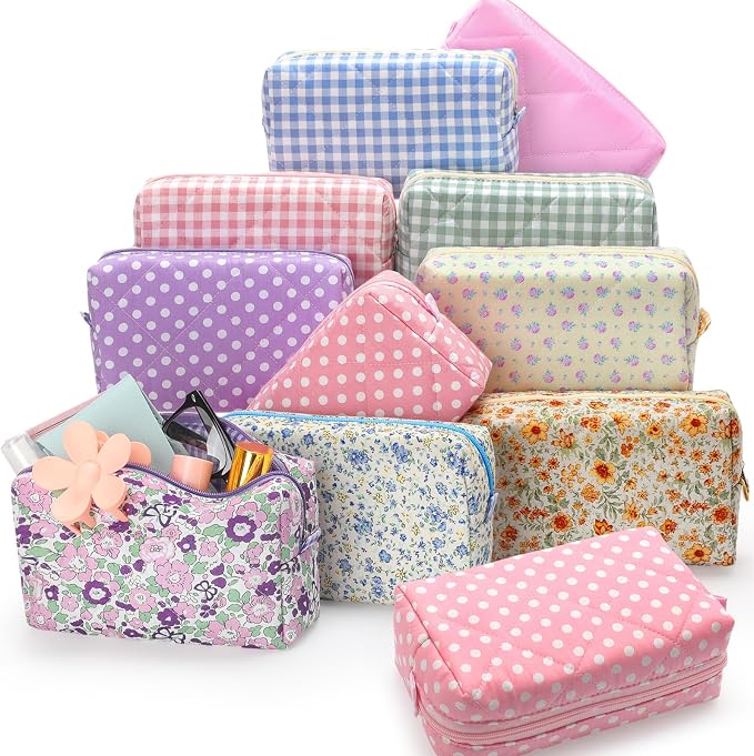 Paterr 10 Pcs Quilted Makeup Bag Bulk Cotton Floral Cosmetic Bag Women Girls Bridesmaid Gifts Cute Makeup Pouch Coquette Aesthetic Travel Toiletry Organizer(Plaid Style,7.87 x 4.72 x 3.15 Inches) by Paterr