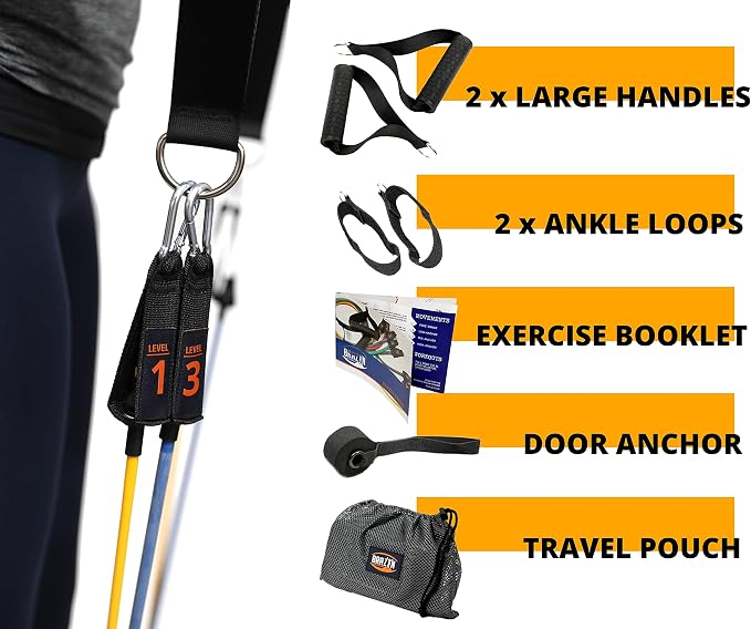 Brazyn Resistance Bands Kit with Handles 12-Piece Band Set with Travel Pouch, Guide, Ankle Straps & Door Anchor - for Workouts Gym Strength Training Bungee Yoga Pilates Physical Therapy - 150lbs - Image 5
