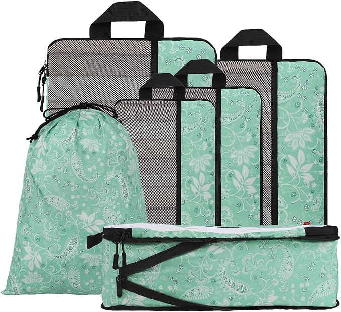 U+U 6 Set Compression Packing Cubes - Ultralight Travel Organizers with Laundry Bag, Space-Saving Suitcase Organizer, Expandable Packing Cubes for Travel, Business Trip and Vacation (Green Paisley) by UU