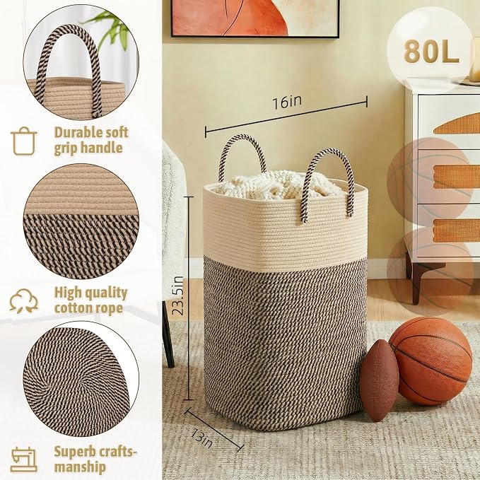 Laundry Basket,Woven Cotton Rope Laundry Hamper,Versatile Storage for Dirty Clothes,Baby Toys,and Blankets in Bathroom, Nursery,and Living Room (Jute, 80L) - Image 2