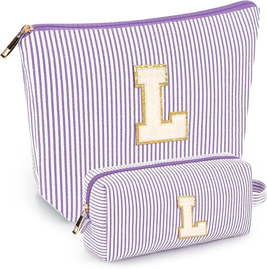 2 PCS Initial Makeup Bags for Women: Cosmetic Bag for Travel Toiletry - Birthday Gifts for 11 12 13 14 15 16 17 18 Years Old Girl Graduation Teacher Gift- Teen Girl Gifts Trendy Stuff - Purple L