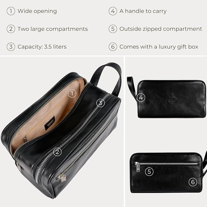 Time Resistance Leather Cosmetic Bag - Italian Toiletry Dopp Kit (Black) - Image 6