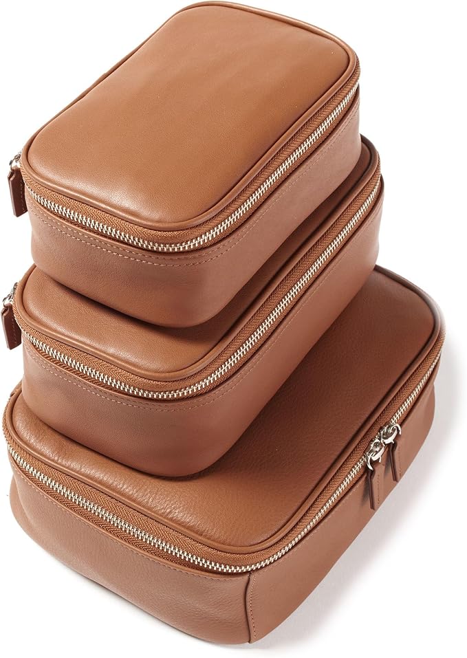 Leatherology Cognac Nested Travel Organizer Trio – 3-Piece Leather Packing Set with Mesh Pocket, Elastic Loops & Water-Resistant Lining – Compact Storage for Tech, Toiletries & Travel Essentials by Leatherology