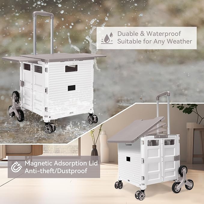 Foldable Utility Cart Portable Crate Rolling Dolly with Telescopic Handle,Can be Pulled diagonally, Magnetic Retractable Lid, 360°Swivel Climbing Wheels for Shopping Carrying Groceries Move White - Image 5