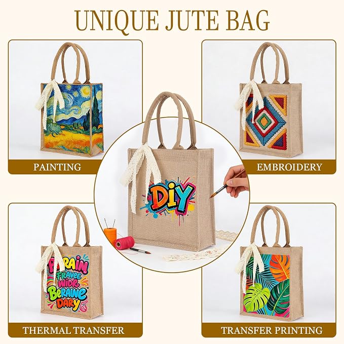 Burlap Tote Bag Set with Ribbon, Reusable Blank Water Resistant Grocery Bags - Image 6