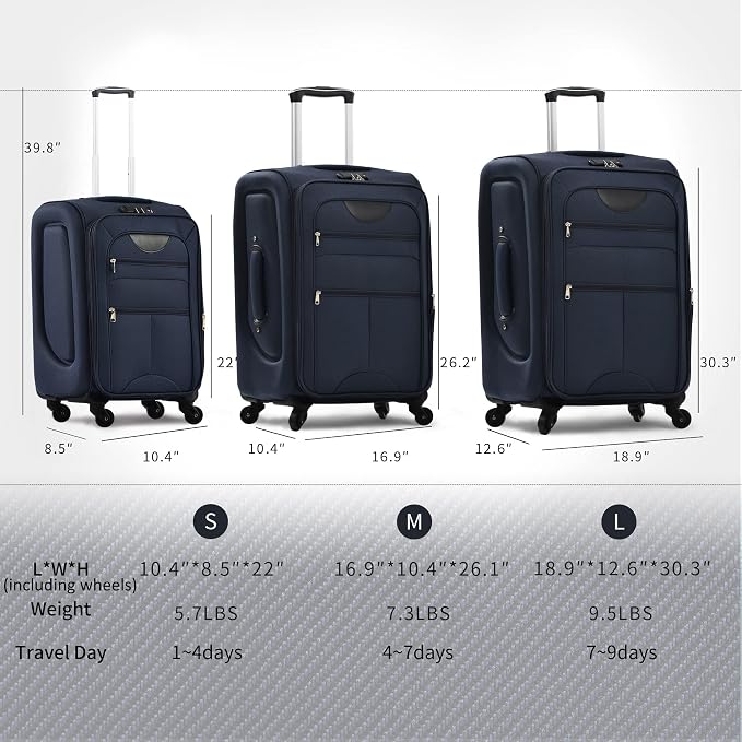 Merax Softside Luggage Set Softshell Lightweight 3 Piece Spinner Suitcase | Travel Suitase with TSA Lock Spinner Wheels Lightweight Upright Luggage,Deep Blue - Image 7