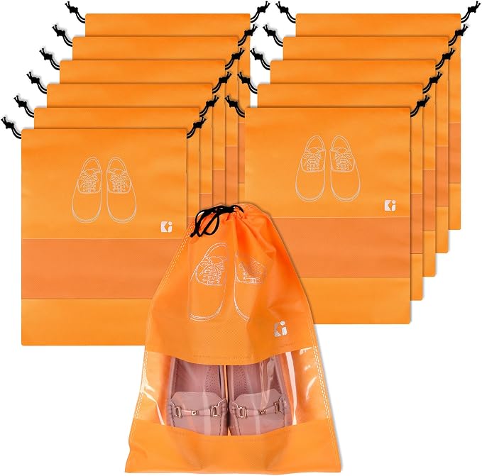 Kuber Industries Pack of 12 Shoe Bags | Shoe Bags for Travel | Non-Woven Shoe Storage Bags | Storage Organizers Set | Shoe Cover with Transparent Window | Shoe Dori Cover | Orange by Kuber+Industries
