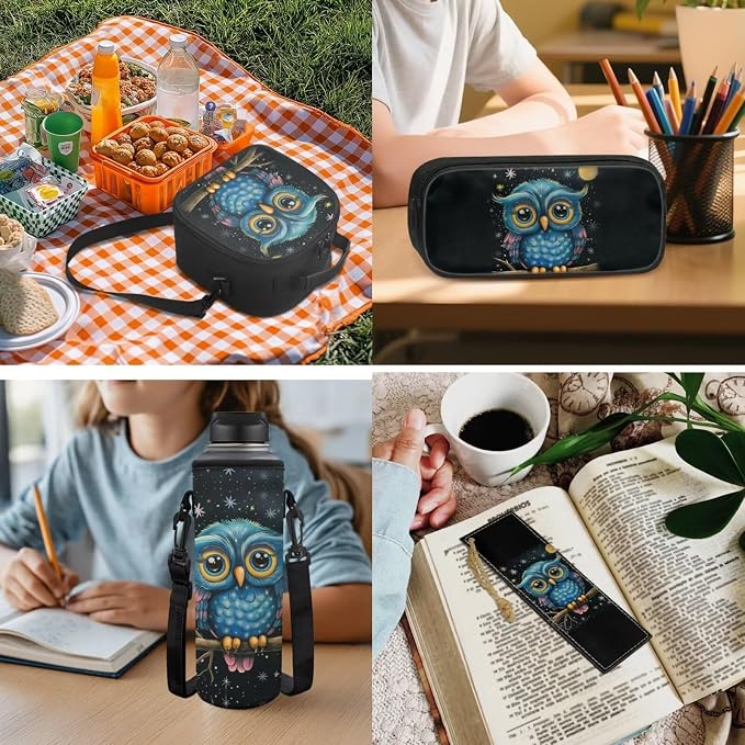 Owl Backpack for School Owl Boys Bookbag with Lunch Box Set of 5 Boys Printed 5 Pcs Bookbag Set Pencil Case Water Bottle Sleeve Bookmark School Supplies - Image 5