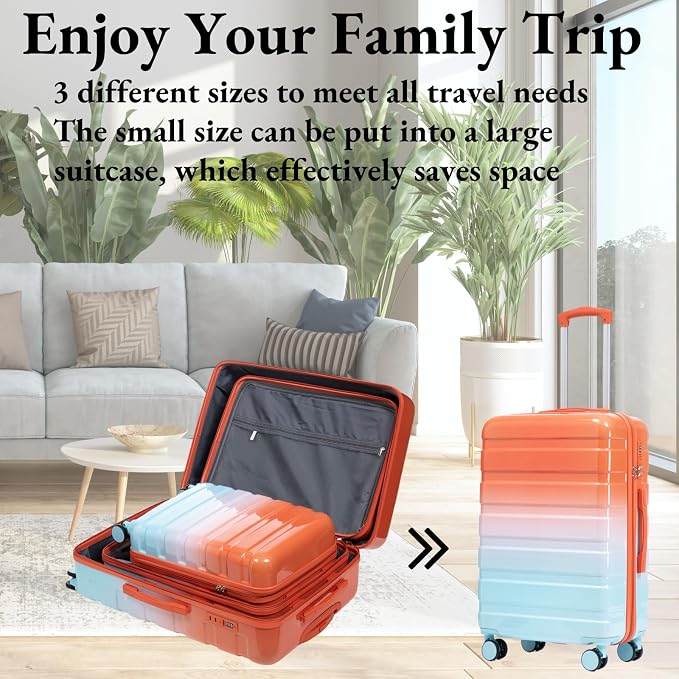 3-Piece Luggage Set 20/24/28’’ Hard-shell with 360° Spinner Wheels, Gradient Color Suitcase with Combination Lock, Lightweight PC Material, (Blue+ Red) - Image 4