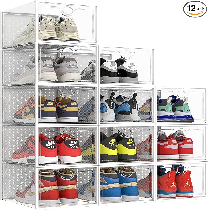 Pinkpum XXL Larger Shoe Storage Boxes Fit Size 14, Clear Plastic Stackable Shoe Organizer 12 Pack Sneaker Storage for Sneakerheads Shoe Containers, 6.8“ Height for High Shoes by Pinkpum