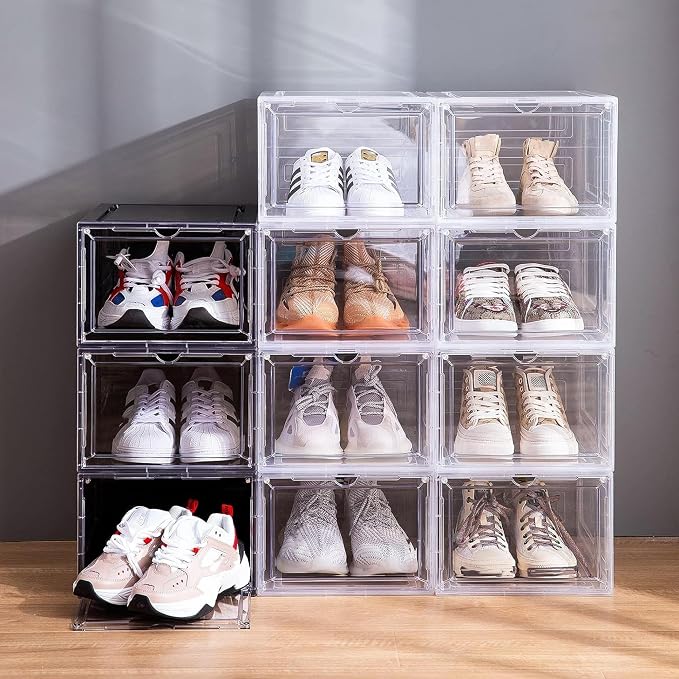 Attelite Shoe Box Organizer,Set of 6,Stackable Plastic Shoe Box with Clear Door, Shoe Storage Box Containers,For Display Sneakers,Easy Assembly,Fit up to US Size 12(13.4”x 10.6”x 7.4”) - Image 6