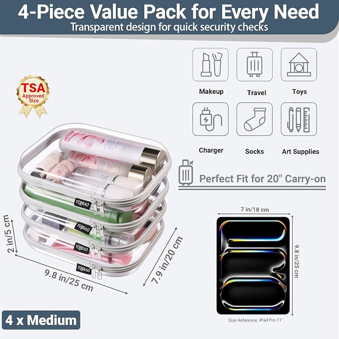 YQBRAO 4-Pack Clear Diaper Bag Organizer Pouches, 1.2mm Ultra-Thick PET Travel Pouches for Toiletries & Makeup, Rigid Self-Standing Bags with YKK Zippers, TSA Approved (Gray) - Image 4
