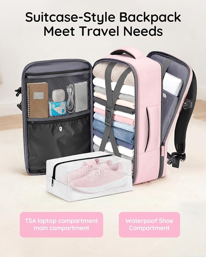 Taygeer Travel Backpack for Women, Travel Personal Item Bag with Shoe Pouch | TSA Approved Under Seat Carry on Backpack with Water Bottle Pocket Fits 15.6inch Laptop, Travel Essentials for Airplanes,Pink - Image 4
