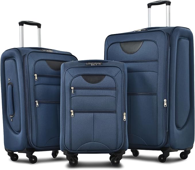 Merax Softside Luggage Set Softshell Lightweight 3 Piece Spinner Suitcase | Travel Suitase with TSA Lock Spinner Wheels Lightweight Upright Luggage,Deep Blue by Merax