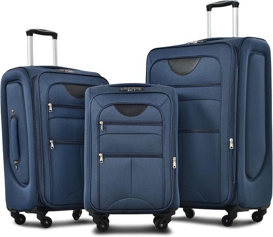 Merax Softside Luggage Set Softshell Lightweight 3 Piece Spinner Suitcase | Travel Suitase with TSA Lock Spinner Wheels Lightweight Upright Luggage,Deep Blue by Merax