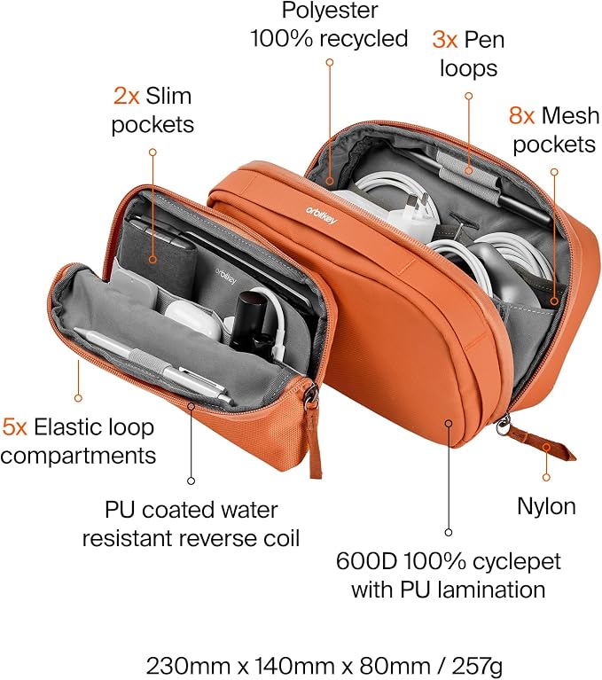 Orbitkey 2-in-1 Tech Accessory Pouch with Detachable Slim Sleeve – Travel Electronics Organizer for Cables, Chargers, Earbuds, Power Bank – Compact Gadget Bag & Portable Tech Storage Case (Terracotta) - Image 5