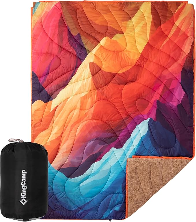 KingCamp Large Camping Blanket with Sherpa Lining, Packable Down Alternative Puffy Printed Wearable Blanket with Snap Buttons, Warm Weatherproof Quilt for Outdoor Travel (79" L x 57" W, Peak) by KingCamp